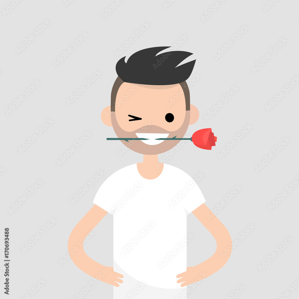 Romantic concept. Young character holding a red rose in his mouth / flat editable vector illustration, clip art