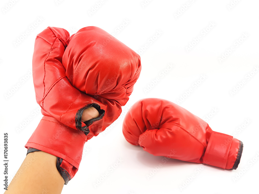 Man hand is wearing the red boxing glove