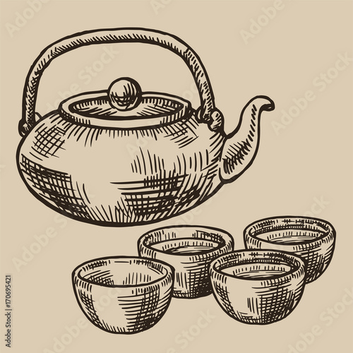 Japanese tea kettle and bowls engraved. Asian cups for tea in the sketch style. Vector illustration.