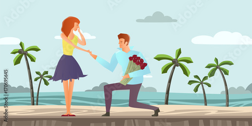 Young couple in love. Man and woman on a romantic date on a tropical beach with palm trees. Man with flowers makes a woman an offer of marriage. Vector illustration.