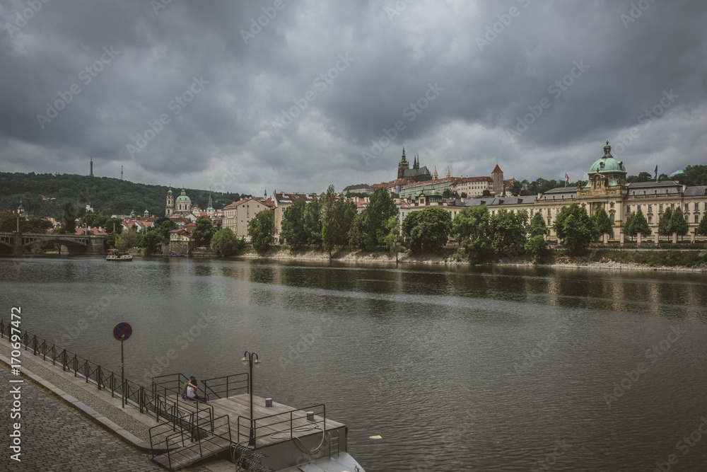 Obraz premium Vintage photo of Prague, Embankment of the Vltava River, Czech Republic