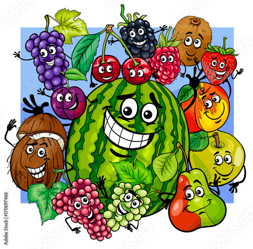 witty fruit characters group cartoon