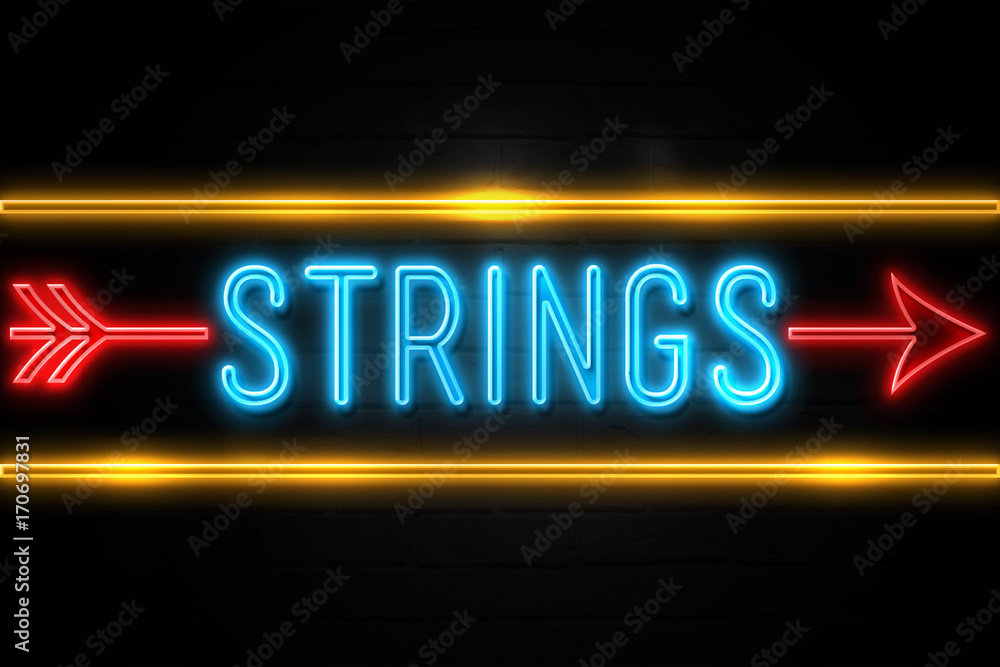 Strings - fluorescent Neon Sign on brickwall Front view Strings - fluorescent Neon Sign on brickwall Front view