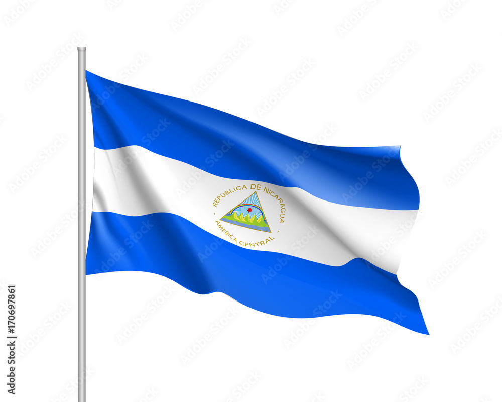 Waving flag of Nicaragua. Illustration of North America country flag on flagpole. 3d vector icon isolated on white background