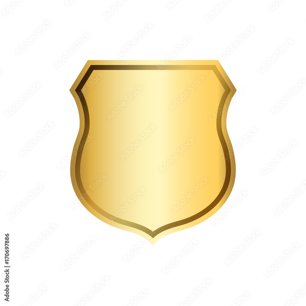 Gold shield shape icon. 3D golden emblem sign isolated on white background. Symbol of security, power, protection. Badge shape shield graphic design Vector illustration Gold shield shape icon. 3D golden emblem sign isolated on white background. Symbol of security, power, protection. Badge shape shield graphic design Vector illustration