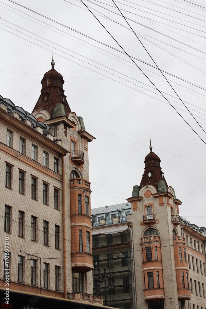 Obraz premium Historical buildings in St. Petersburg in Russia. The profitable houses of the merchant Vyazemsky were built in 1908, the style of the Northern Art Nouveau..