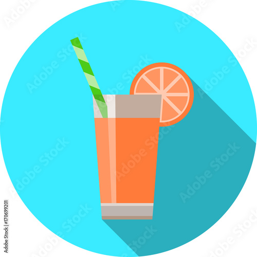 Round icon of a glass of fresh juice with an orange slice and a straw. Icon of fruit cocktail