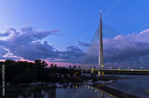 Cable bridge at twilight over Sava river near Ada island, Belgrade, Serbia