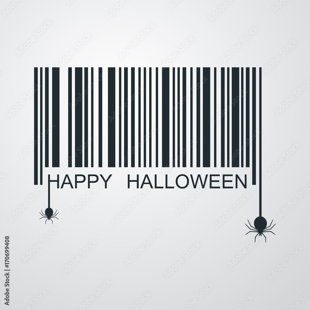 Icono plano codigo de barras HAPPY HALLOWEEN y arañas en fondo