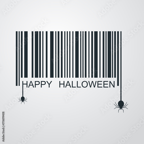 Icono plano codigo de barras HAPPY HALLOWEEN y arañas en fondo degradado