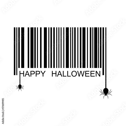 Icono plano codigo de barras HAPPY HALLOWEEN y arañas negro en fondo blanco