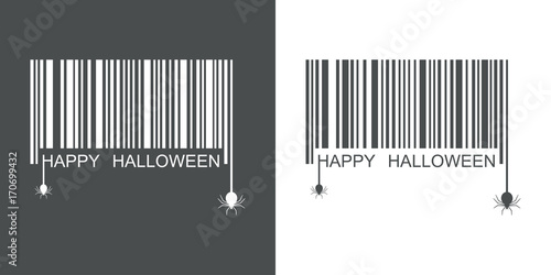 Icono plano codigo de barras HAPPY HALLOWEEN y arañas gris y blanco