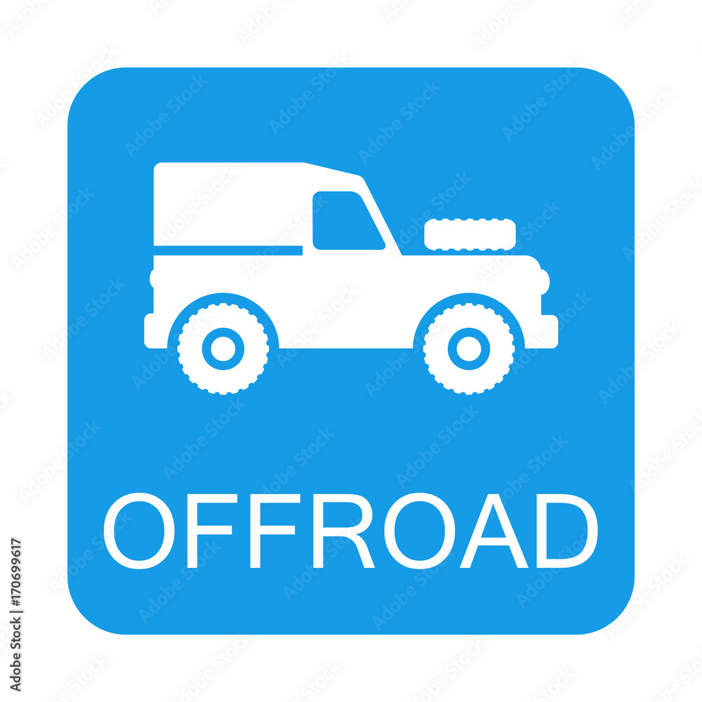 Icono plano OFFROAD con Land Rover en cuadrado azul Icono plano OFFROAD con Land Rover en cuadrado azul