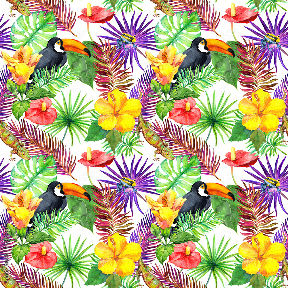 Obraz premium Toucan, gecko, tropical leaves, exotic flowers. Seamless jungle pattern. Watercolor