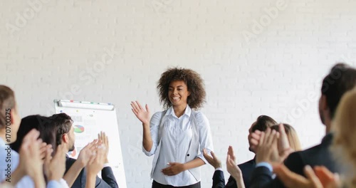 Group Of Business People Applauding Congradulating Happy African American Businesswoman With Successful Speech During Conference Meeting Slow Motion 60