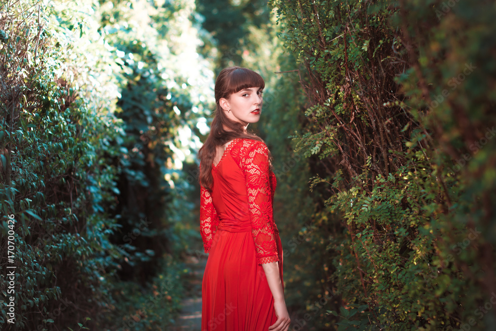 Beautiful young girl in a long red dress in an autumn park. Beautiful young girl in a long red dress in an autumn park.