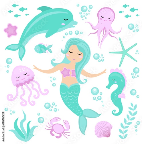 Dekoracja na wymiar  cute-set-little-mermaid-and-underwater-world-fairytale-princess-mermaid-and-dolphin-octopus-seahorse-fish-jellyfish-under-water-in-the-sea-mythical-marine-collection