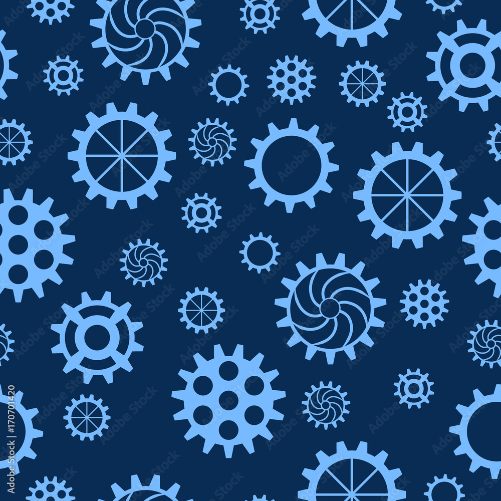 Seamless pattern with gears of different sizes and shapes on blue background. Mechanical background. Vector illustration