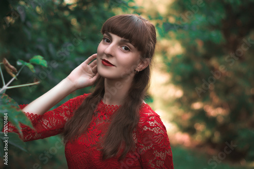 Beautiful young girl in lacy dress in autumn park. © prokop.photo