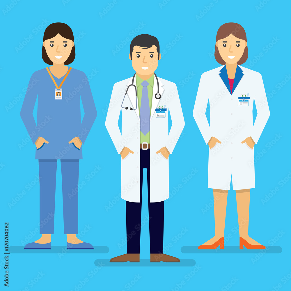 Doctors and other hospital staff stand together. Doctors and other hospital staff stand together.