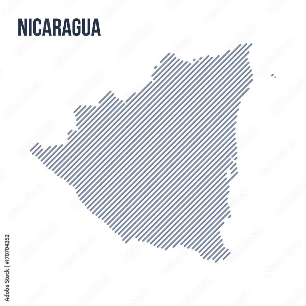 Vector abstract hatched map of Nicaragua with oblique lines isolated on a white background.
