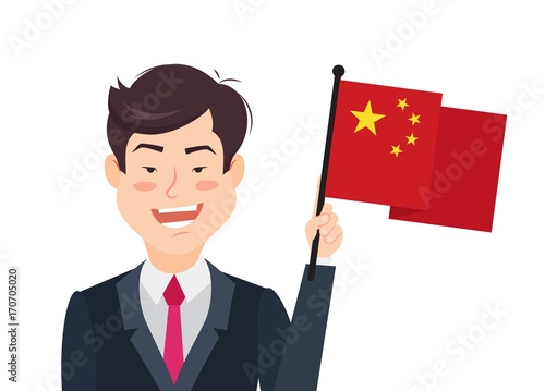 Chinese man holding  national flag. Vector flat illustration