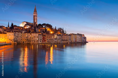 Sunset at medieval town of Rovinj  colorful with houses and church