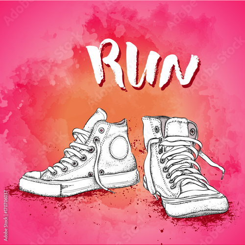 Hand drawn sneakers on white background. Run Concept. Vector illustration