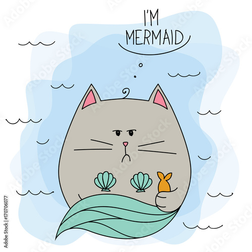 Cat mermaid with shells and fish under water