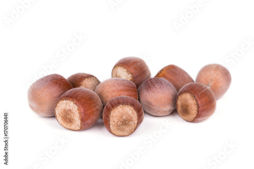 Useful forest nuts hazelnut unpealed isolated on white background photo