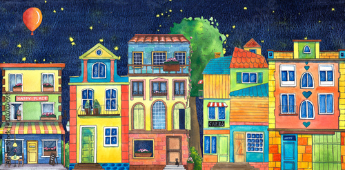 Night watercolor street with cafe, houses, flowers shop, and cats. Hand drawn illustration.