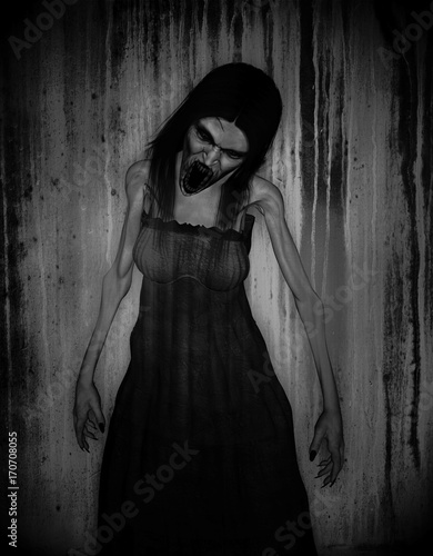 3d illustration of scary ghost woman in the dark,Horror background,mixed media 