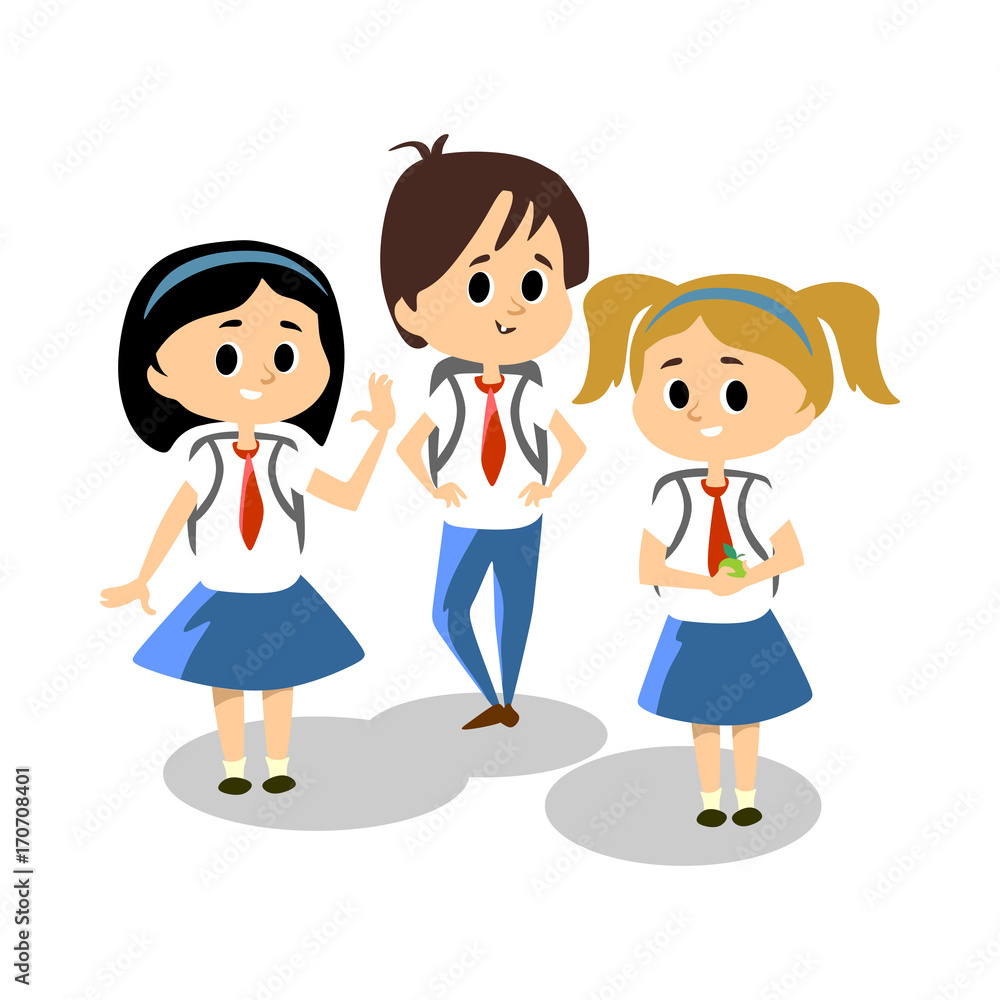 Happy Kids in blue hight school uniform, cute childrens studying in college together, girl and boy student isolated on white background vector illustration Happy Kids in blue hight school uniform, cute childrens studying in college together, girl and boy student isolated on white background vector illustration