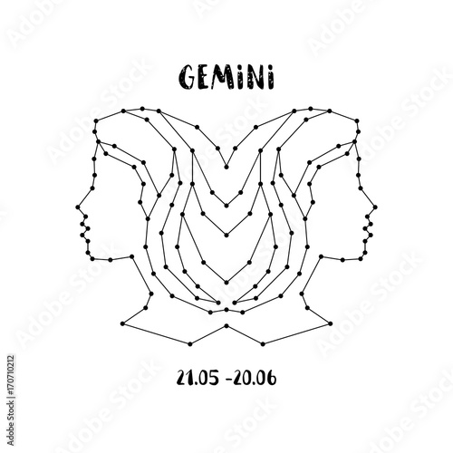 Zodiac sign Gemini isolated on white background. Design element for flyers or greeting cards, emblem, logo. Vector astrological symbol.