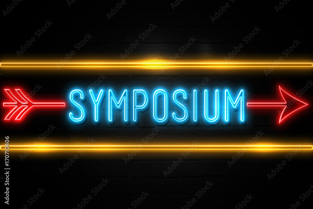 Symposium - fluorescent Neon Sign on brickwall Front view Symposium - fluorescent Neon Sign on brickwall Front view