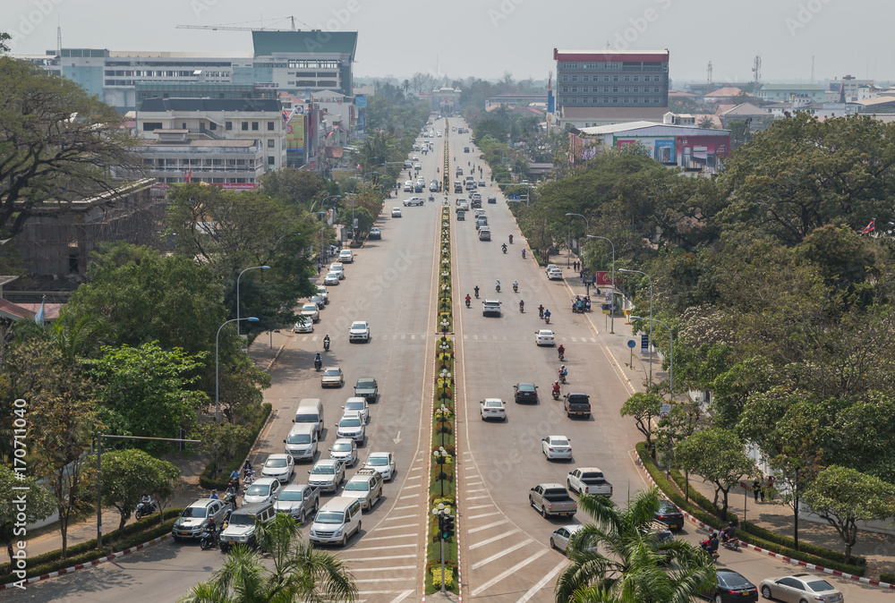 View of Vientiane city from top of Patuxai victory arch gate in sunny day