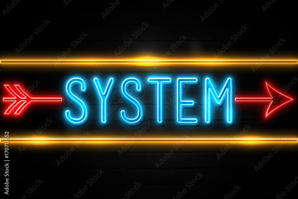 System - fluorescent Neon Sign on brickwall Front view System - fluorescent Neon Sign on brickwall Front view