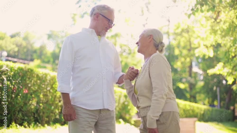 happy senior couple walking at summer city park happy senior couple walking at summer city park