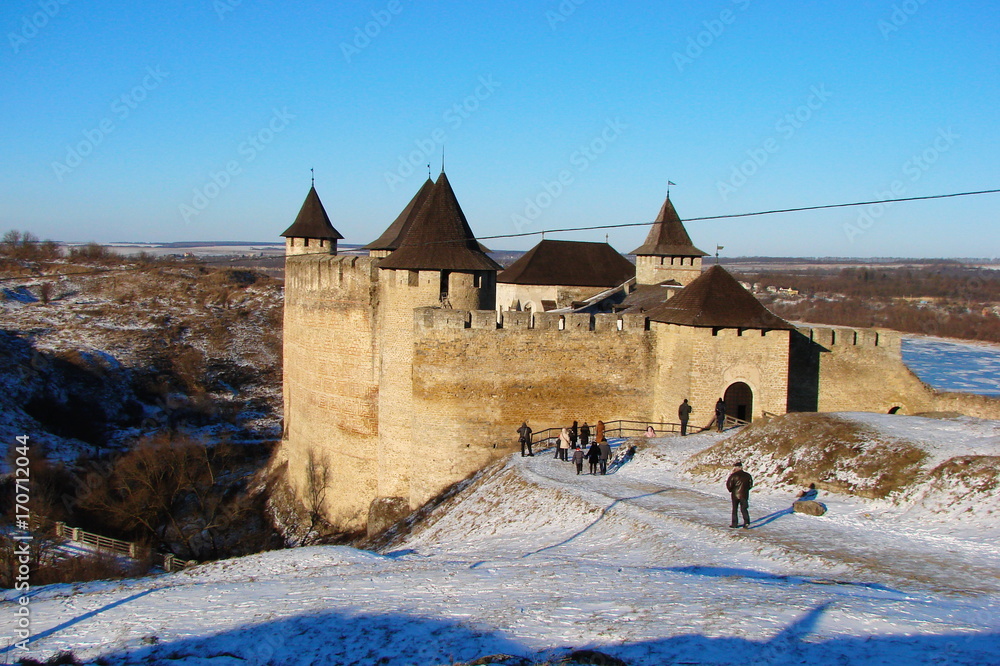 Khotyn fortress in western Ukraine in winter