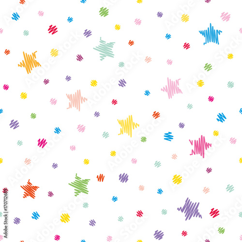Festive seamless pattern background. Colorful polka dots and stars isolated on white.