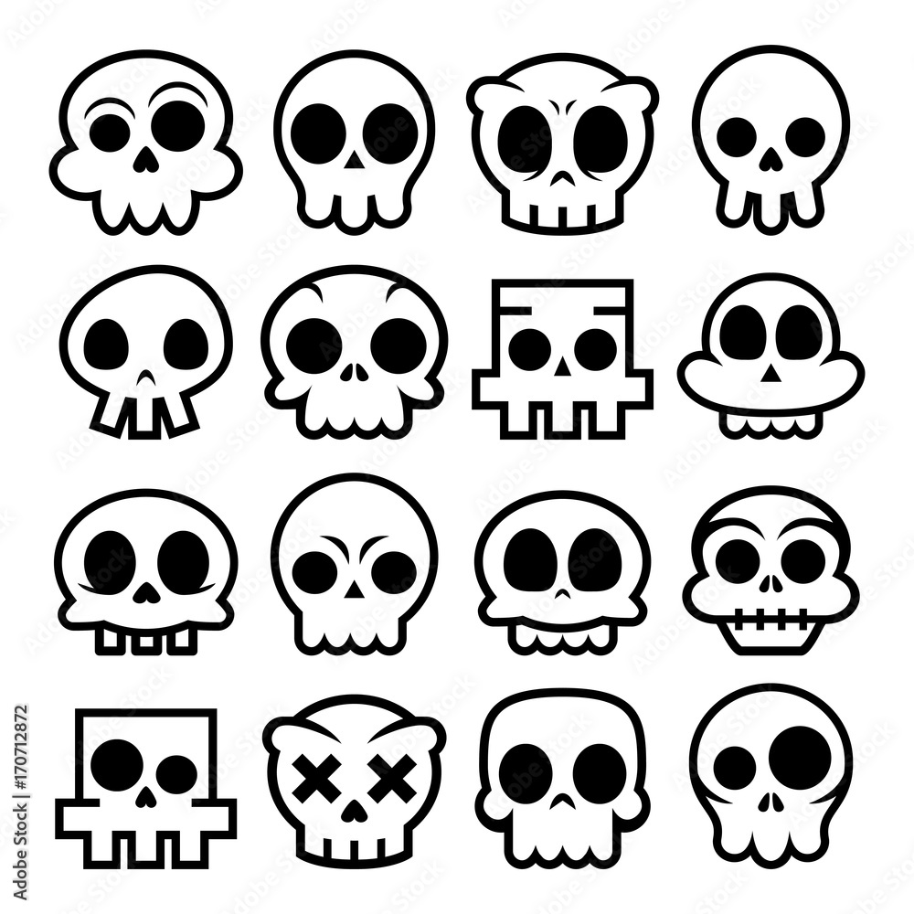 Halloween vector cartoon skull icons, Mexican cute sugar skulls design set, Dia de los Muertos
