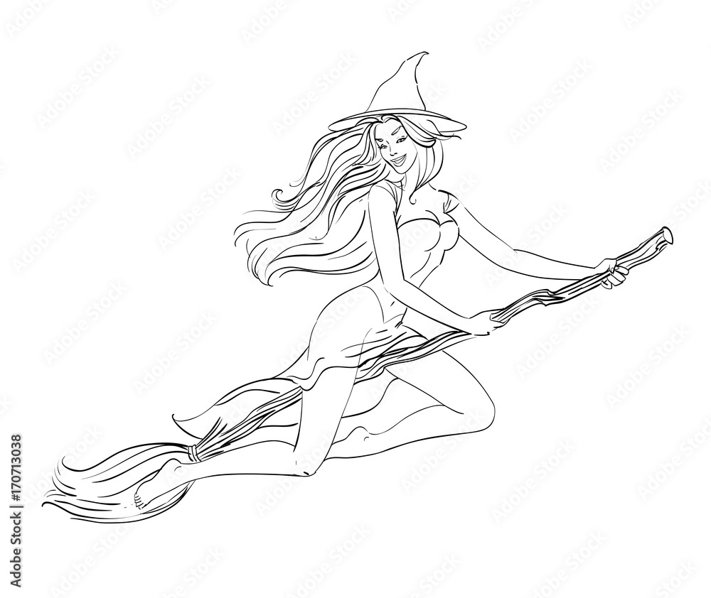 A sexual witch flies on a broomstick. Girl in a Christmas Spellbound Witch Costume, sign Happy Halloween party, All Saints picture pic