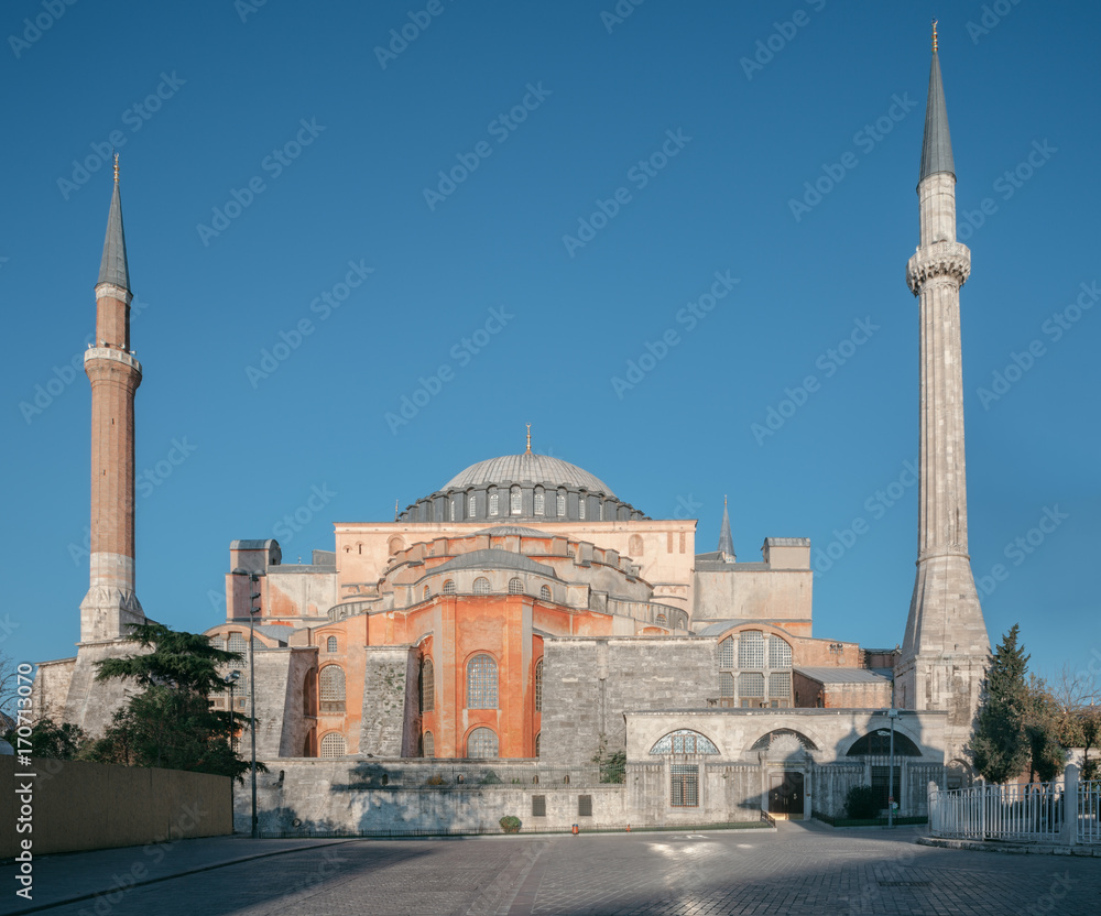 Panoramic view of Hagia Sophia, Christian patriarchal basilica, imperial mosque and now a museum (Ayasofya in Turkish), Istanbul, Turkey