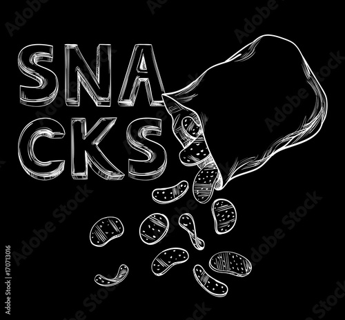 Packing of Snacks on the background of the inscription. Open pillow bag with a blank space for text from which chips are poured. Sketch on Chalkboard for template, menu. White lines on black, Vector