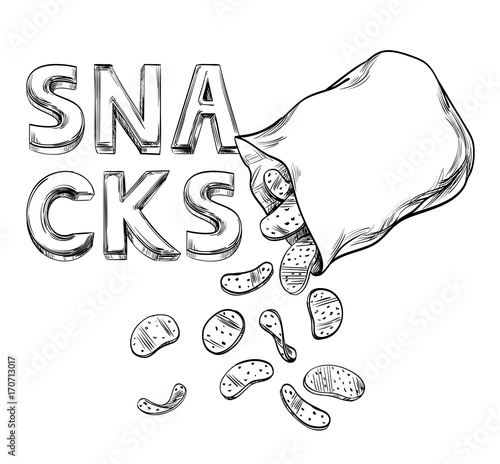 Packing of Snacks, Food on the background of the inscription. Open pillow bag with a blank space for text from which chips are poured. Lines Sketching on Chalkboard for template, menu, poster. Vector