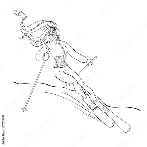 Athletic Girl skier descends, rides on the snow slope of the mountain on skis. Olympic sport. Winter rest in the cold season, Christmas holidays, New Year's vacations, black lines, isolated vector