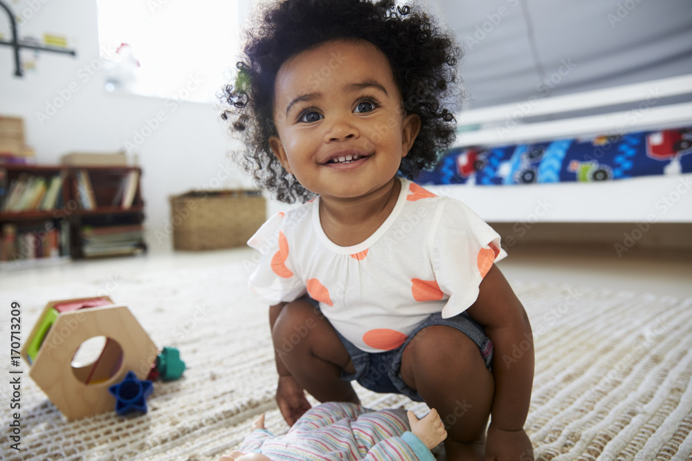 Cute Baby Girl Having Fun In Playroom With Toys - obrazy, fototapety, plakaty 