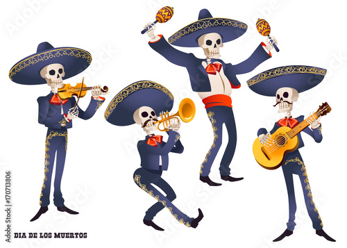 Dia de Muertos. Mariachi band musician of skeletons. Mexican tradition. Vector illustration.