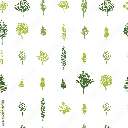 Green tree pattern seamless for fabric design. Pattern of hand drawn ink green trees. Vector illustration of different forest trees in geometric repeating