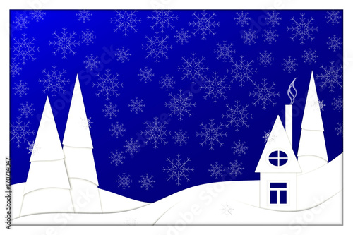 Happy new year, 2018, Merry Christmas vector illustration. Winter snow forest and house on the forest edge. Paper art style.